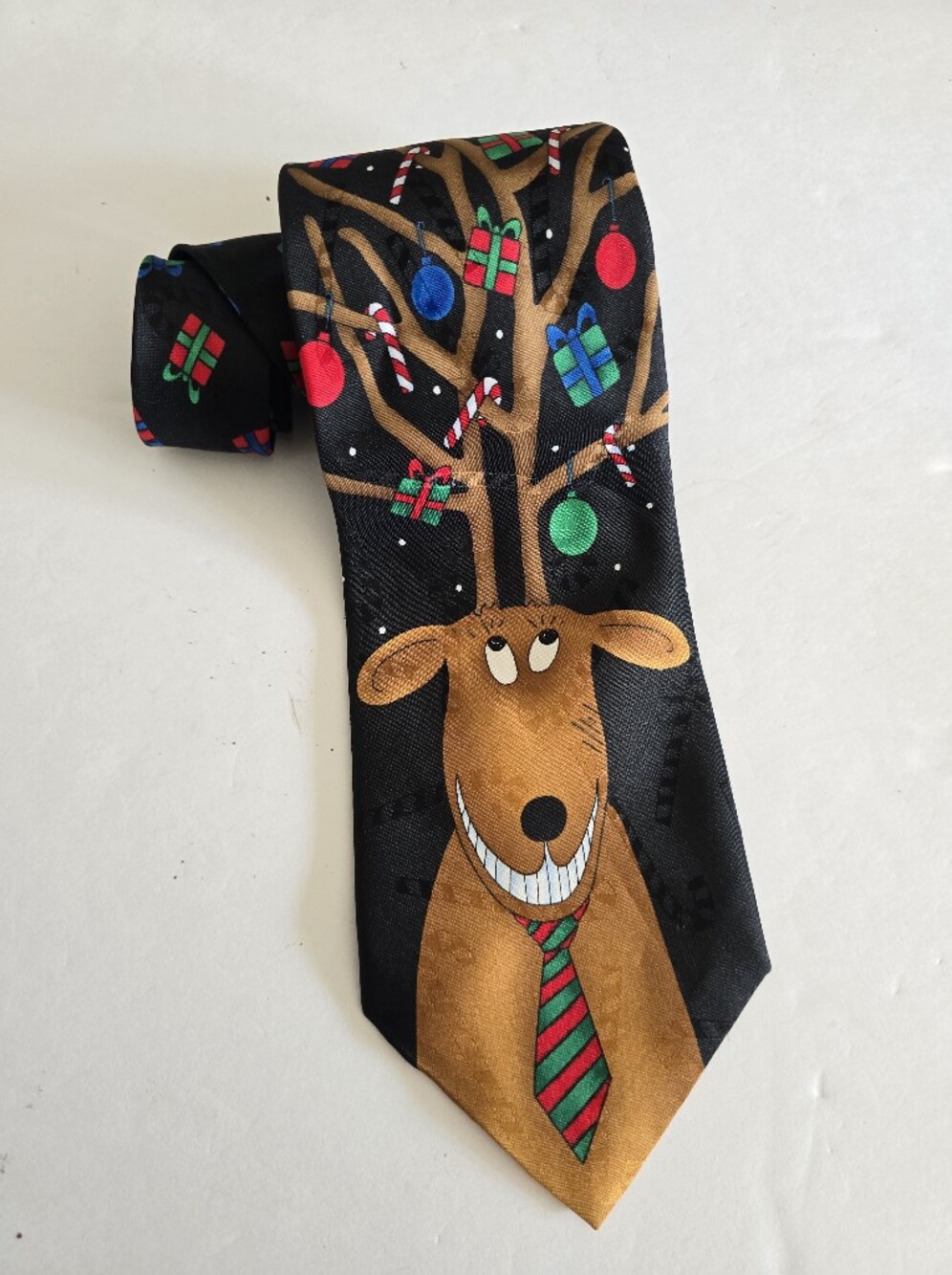Yule Tie Greetings Black Christmas Holiday Novelty Tie  Reindeer Gift